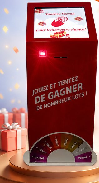 Borne instant gagnant rouge, écran tactile « Touchez l'écran pour tenter votre chance »